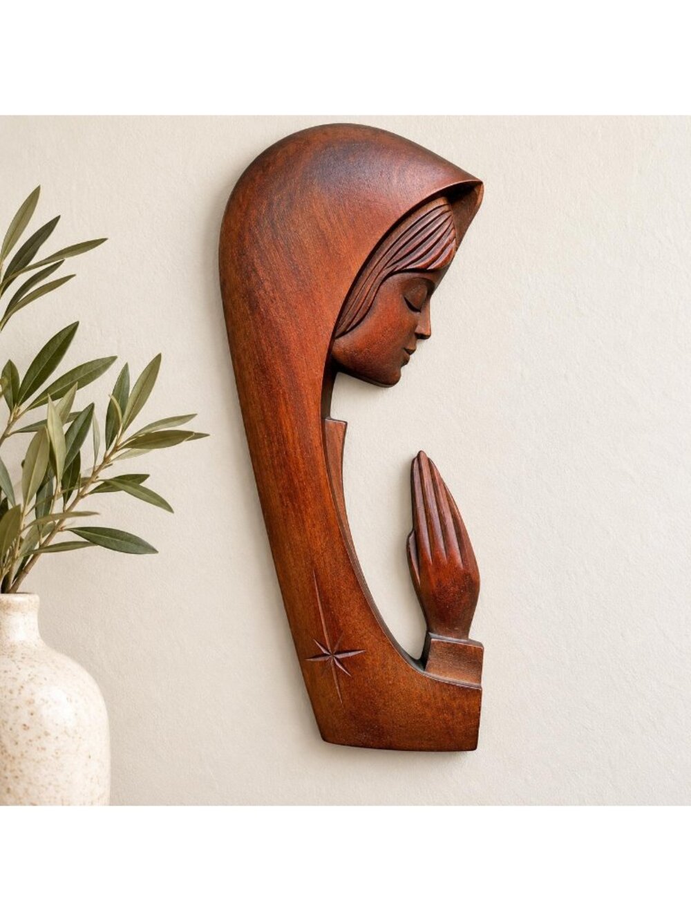 Vintage Carved Wooden Female Face Profile Wall Hanging Relief Sculpture Wood Art